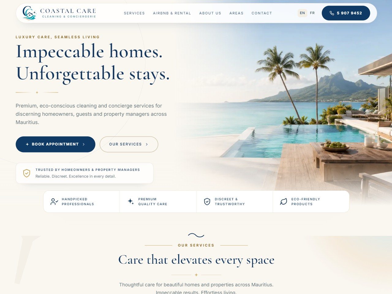 Coastal Care website — premium cleaning & conciergerie in Mauritius, built by Influxe